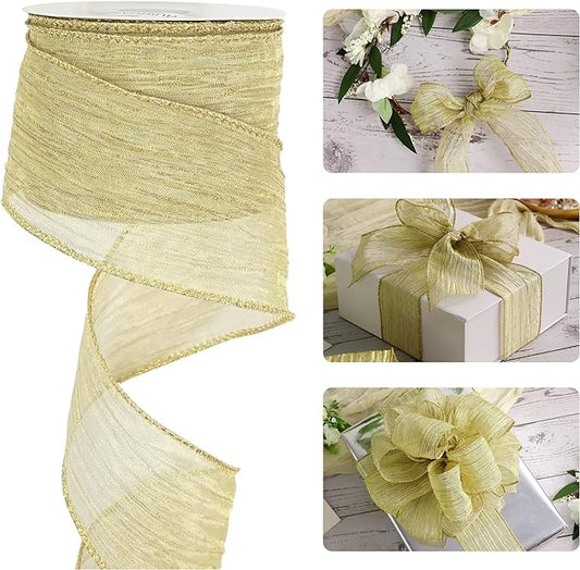 HUIHUANG Gold Wired Ribbon Crinkle Wire Edge Ribbon 2-1/2 inch Wavy Metallic Wired Ribbon for Gift Wrapping Basket Wreaths Bows Making Home Event Decor DIY Crafts Christmas Tree Top Bows -10 Yards
