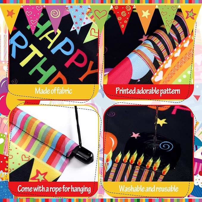 Tegeme 3 Pcs Happy Birthday Banner Decor Colorful Happy Birthday Party Door Hanging Decorations Hanging Black Banner Party Supplies for Kids Girls Boys Porch Wall Door Sign