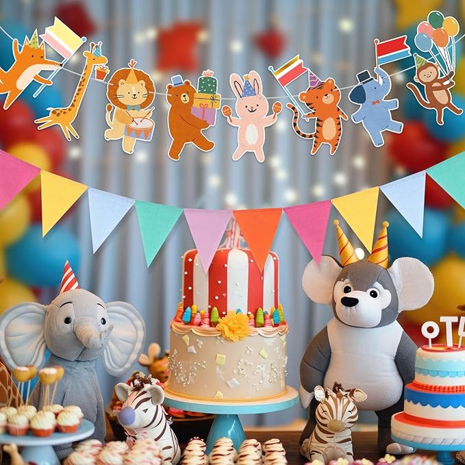 2 Pcs Animal Parade Party Banner Set Animals Flag Colorful Pennant Flags for Birthday Hanging Garland Decorations Baby Showers Zoo Jungle Themed Parties Supply