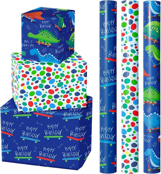 WRAPAHOLIC Dinosaur Wrapping Paper Roll - Mini Roll - 3 Rolls - 17 Inch X 120 Inch Per Roll - Happy Birthday Dinosaurs Design for Kids Birthday, Baby Shower