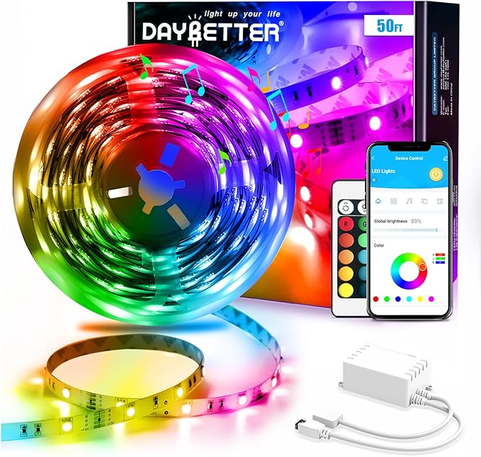 DAYBETTER Led Strip Lights Smart with App Control Remote, 5050 RGB for Bedroom, Music Sync Color Changing for Room Party 50ft