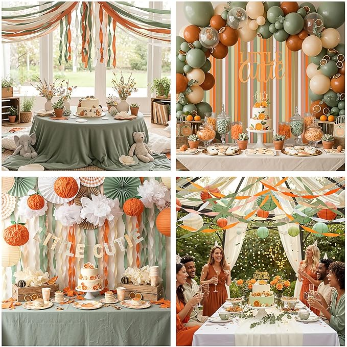 Epakh 12 Rolls Sage Green/Orange Crepe Paper Streamers (984ft) - Little Cutie Baby Shower Party Decorations, Natural Birthday Supplies, Sage Green and Orange Baby in Bloom Theme Party Decor