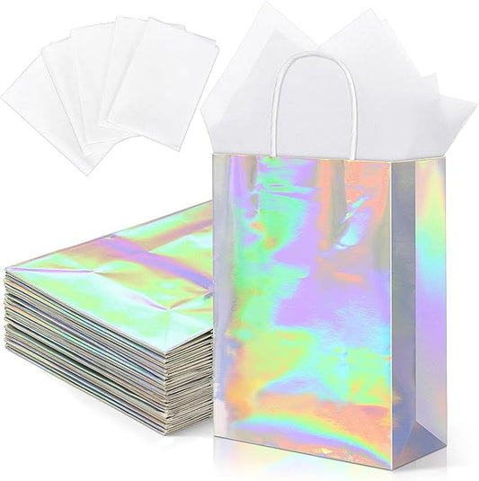 MIMIND 24 Pack Iridescent Paper Gift Bags with Handles Holographic Party Favor Bags with Tissue Paper 8.7 x 6.3 x 3.1 Inch Glitter Silver Foil Goodie Candy Bag for Wedding Birthday Parties