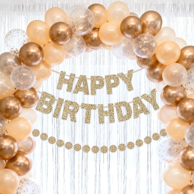 GCQQ Champagne Gold Happy Birthday Banner - Pre-Strung Glitter Gold 3M Pre-Strung Letter Banners + 2.5M Dot Garland Birthday Party Decorations for Women, Bridal Shower, Baby Shower & Anniversary