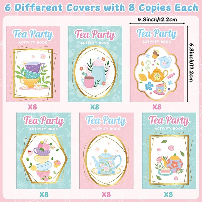 Tea Party Activity Books for Kids - 24Pcs Tea Time Themed Mini Game Coloring Booklet Bulk Maze Word Scramble Word Search Coloring Books for Birthday DIY Party Favor Goodies Bag Filler Classroom Reward