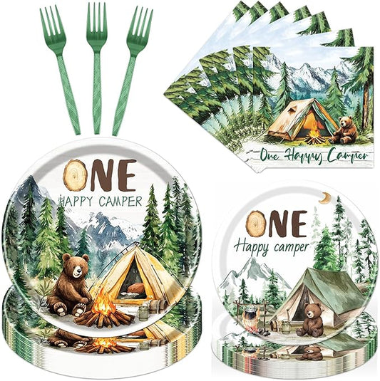 Happy One Camper Birthday Decorations Supplies, 96PCS Camping 1st Party Plates and Napkins Set, Disposable Adventure Tableware(Serve 24 Guests)
