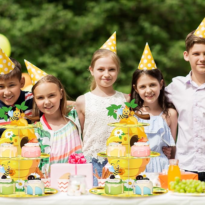 Zopeal 3 Tier Bee Cupcake Stand Party Decorations Sunflower Cupcake Holder Bee Day Themed Cake Holder Stand Yellow Round Summer Dessert Tower for Kids Birthday Baby Shower Party Supplies