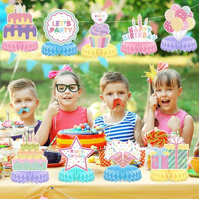 12 Pieces Happy Birthday Centerpiece Decorations Pastel Birthday Table Decorations Rainbow Macaron Bday Centerpieces for Tables for Girls Women Pastel Birthday Party Supplies
