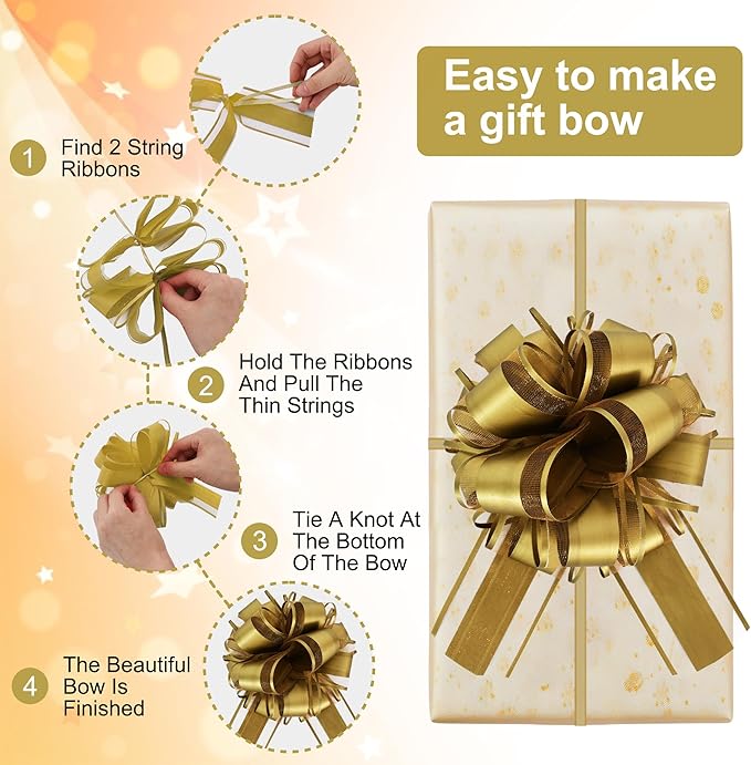 6pcs 7 Inch Pull Bows Gold Gift Wrap Bows for Gift Wrapping, Ribbon, Basket, Flower, Christmas, New Year, Birthday, Graduation, Party Decorations
