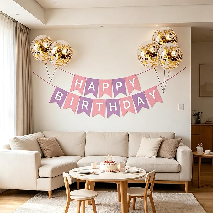 Happy Birthday Banner Sign Bunting Hanging Decorations with Shiny Gold Balloons Birthday Party Sign Decor for Party Supplies(Pink+Purple)