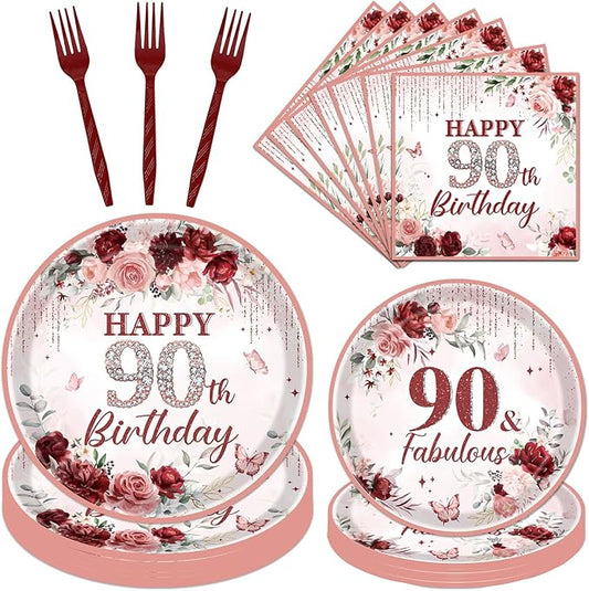 90th Birthday Decorations for Women, 96PCS Burgundy Birthday Party Disposable Paper Plates and Napkins Decorations for Women, 90th Bday Plates and Napkins Table Decor for Grandma Woman,Serve 24