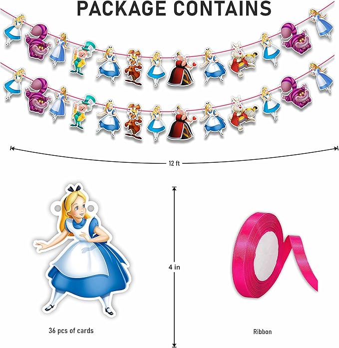 Alice in Wondrland Garland Decoration – Fairy Tale Birthday Party Supplies – Cartoon Inspired Hanging Banner for Adults – Baby Shower, School Events, Family Gatherings, and Themed Celebrations