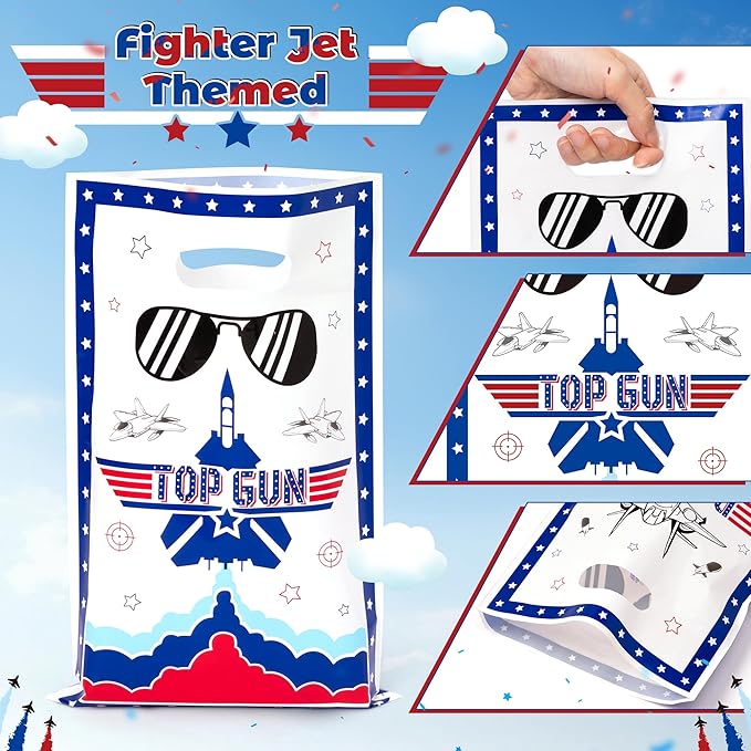 Andi Cppss Fighter Jet Party Favor Bags - 50PCS Fighter Jet Gift Bags for Airplane Birthday Party Supplies Airplane Plastic Goodie Candy Treat Bag with Handles for Kids Plane Theme Party Decorations