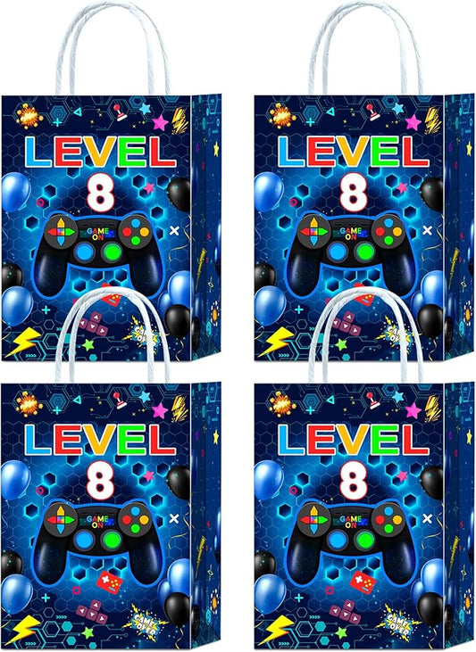 Tyndallrays 16 Pieces Video Game 8th Birthday Party Favors Bags,Video Game Level 8 Gift Snacks Treat Candy Favors Bags with Handles for 8th Birthday Party Decorations