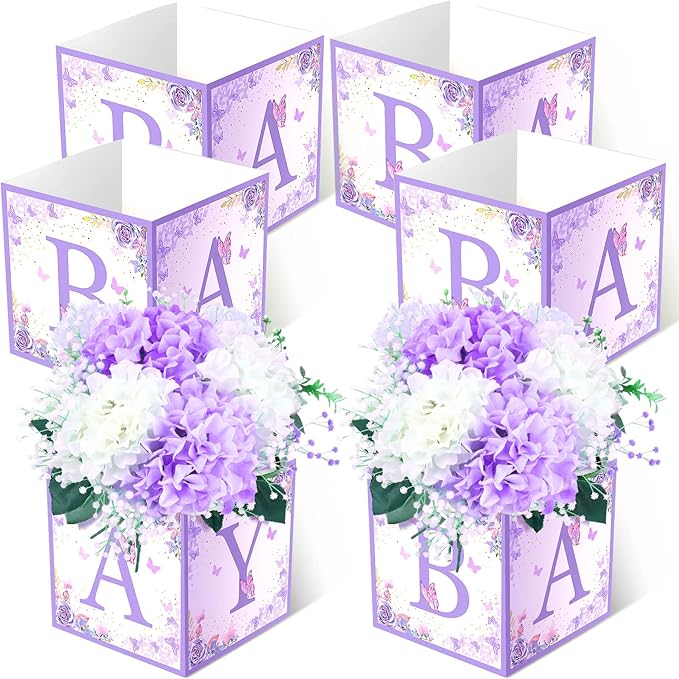 Bucherry 6 Pcs Baby Shower Centerpieces with Letters, 7" Baby Blocks Flower Boxes for Table Decorations, Gender Reveal Party Supplies & Photo Props(Purple,Purple Butterfly)
