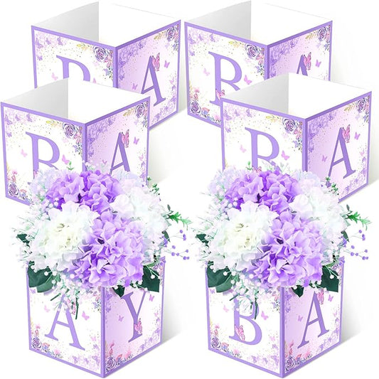 Bucherry 6 Pcs Baby Shower Centerpieces with Letters, 7" Baby Blocks Flower Boxes for Table Decorations, Gender Reveal Party Supplies & Photo Props(Purple,Purple Butterfly)