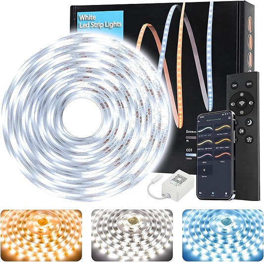 Tenmiro White LED Strip Lights 16.4ft (600 LEDs) Super Bright 25000K Daylight White, 3Color Temperature Dimmable with Smart App & Remote Control for Bedroom Kitchen Commercial Home Lighting Decor