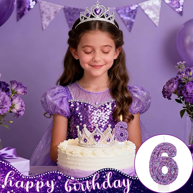 Deep Purple Glitter Birthday Candles for Girls - Number 6 Candle Cake Topper for Purple Fairy Birthday Party Decorations