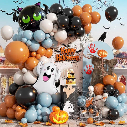 Halloween Balloon Arch Kit,120PCS Halloween Sand White Black Orange Blue Balloon, Ghost Foil Ballons for Halloweenday Party Decorations BOO Party Supply Birthday,Baby Shower