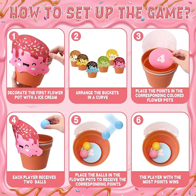 Ice Cream Toss Ball Game with 6 Plastic Flower Pots 12 Ice Cream Decor 12 Balls Toss Play Set Icecream Games Indoor Outdoor Games Family Summer Activities Carnival Prizes