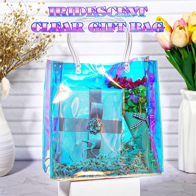 Sherr 16 Pcs Holographic Small Gift Bag Reusable Iridescent Clear Bags for Women PVC Plastic Goodie Holder with Handles for Shopping Christmas Holiday Gift Party Favor(5.91" x 6.3" x 2.76",Rainbow)