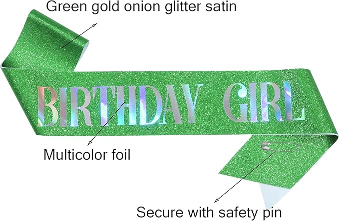 MGJSRNH Birthday Sash for Girl,Green Glitter Satin Multicolour Foil Sash,Women Birthday Party Gift,Queen Princess Party Decorations Supplies