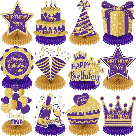 12Pcs Purple Gold Birthday Decorations Honeycomb Centerpieces for Women Girls, Purple Gold Happy Birthday Table Centerpieces for 30th 40th 50th 60th Birthday Table Topper Sign Decor Party Supplies