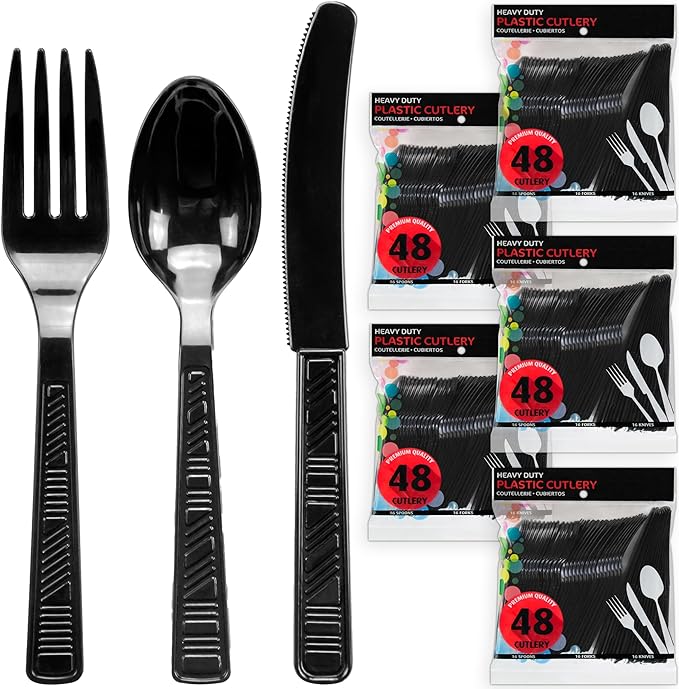 DecorRack Plastic Cutlery Set, Black Colored Plastic Silverware Sets for Parties, 240 Piece Bulk Heavy Duty Utensils (Black, 240 Pieces)
