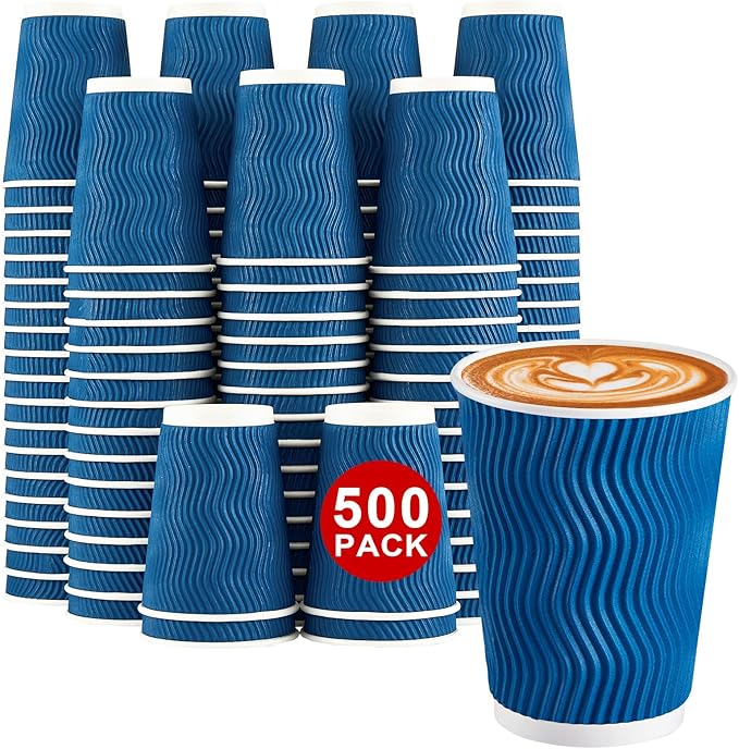 Lamosi 500-Count 12 oz Insulated Paper Coffee Cups Bulk, Disposable Corrugated Cups 12oz, Kraft Ripple Wall Design for Hot Beverage or Cold Drink Office Home Party Travel Cafe (Navy)
