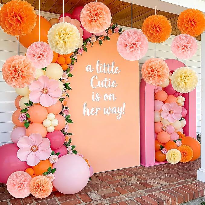 15Pcs Tissue Pom Poms Pink Orange Paper Flowers Hanging Decorations Orange Pink Flower Ball for Baby Shower Wedding Nursery Birthday Party Backdrop Home Outdoor