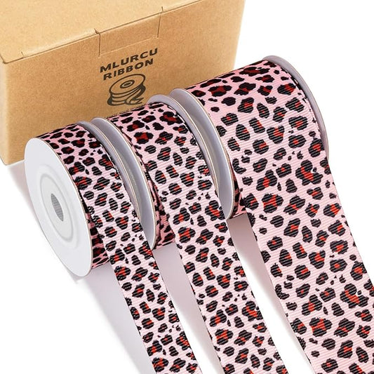 Leopard Print Ribbon Set 3 Rolls Animal Print Grosgrain Ribbons 5/8", 7/8", 1.5", Jungle Safari Printed Ribbon for Crafts, Gift Wrapping, Flower Bouquet, Wreath & Bows Making, Gift Bags Decor