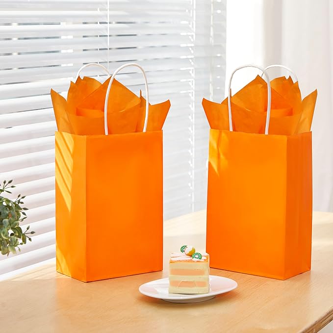 SUNCOLOR Orange Gift Bags with Tissue Paper, 24 Pack Small Kraft Paper Party Favor Bags, 7.9 x 5.12 x 3.15 Inches with Handles for Halloween, Fall Parties, Birthdays