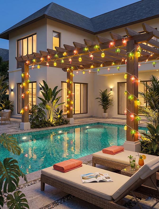 12Ft Summer Beach String Lights with 20 LED Pineapple Flamingo Palm Tree Lights, Plug in Luau Pool Decor for Hawaii Theme Indoor Outdoor Tropical Party Decorations