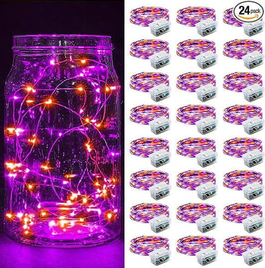 24 Pack Fairy Lights 7Ft 20 LED Twinkle String Lights Battery Operated Waterproof Firefly Starry for Mason Jar Party Wedding Christmas Valentines Day,Orange&Purple
