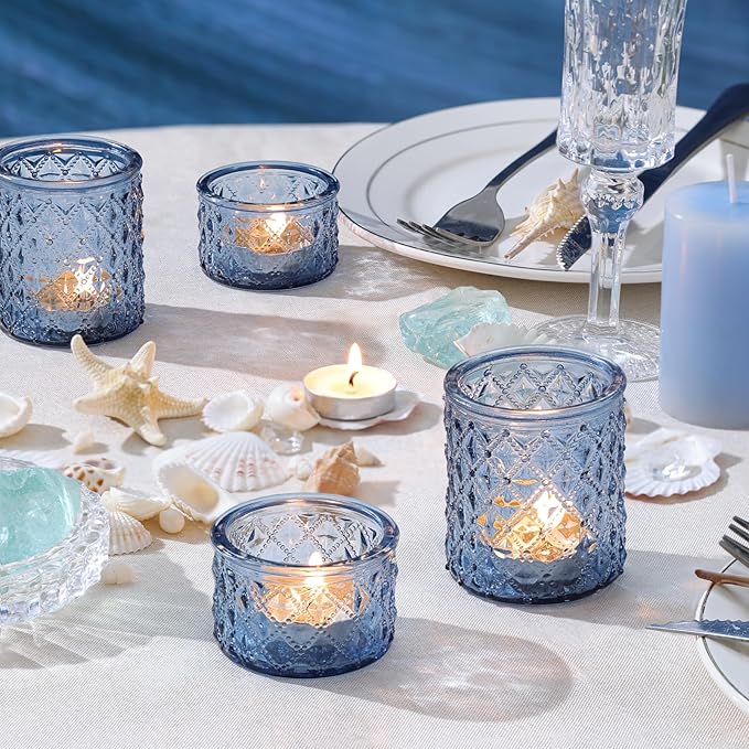 36 Pack Blue Votive Candle Holders, Assorted Glass Candle Holders for Table Centerpiece, Blue Glass Candle Holder Decorations for Wedding, Baby Shower Party & Home Decor