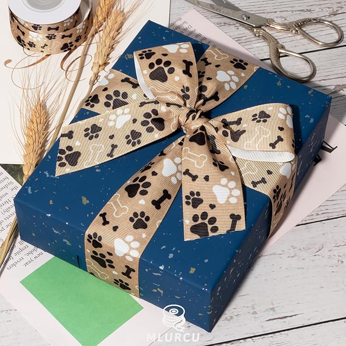 Dog Paw Print and Bone Ribbon Set 3 Rolls Animal Print Grosgrain Ribbons 5/8", 7/8", 1.5", Pet Themed Puppy Party Favor Ribbon for Dog Gift Wrapping, Crafts, Bows, Treat Bags, Pet Decorations