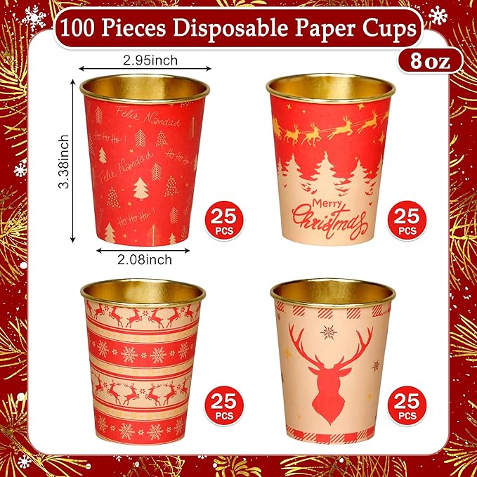 100 Pcs 8oz Christmas Paper Cups, Disposable Christmas Coffee Cups Red Reindeer Xmas Tree Design Paper Cups, Holiday Winter Drinking Cups for Hot Cold Beverages Party Supplies, 4 Styles