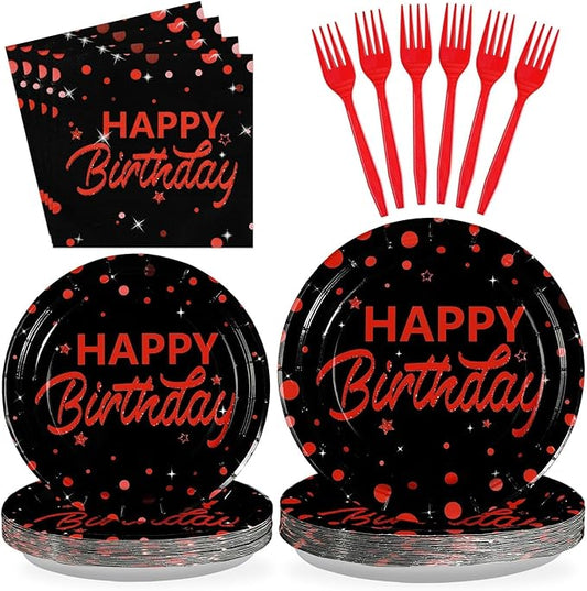 Grencian 96Pcs Red and Black Birthday Party Decorations Red Polka Dots on Black Paper Plates and Napkins Disposable Dessert Tableware for Men Women Birthday Party Graduation Decorations 2026 Serves 24
