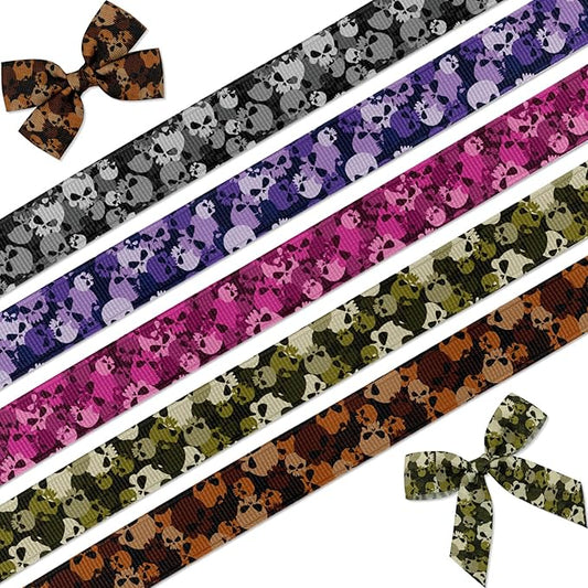 4/5 Inch Skull Camo Ribbon for Crafts, 15 Yards Grosgrain Camouflage Ribbon Set, 5 Rolls Single Sided Fabric Strip for DIY Bows, Gift Wrapping, Masculine Party Decor