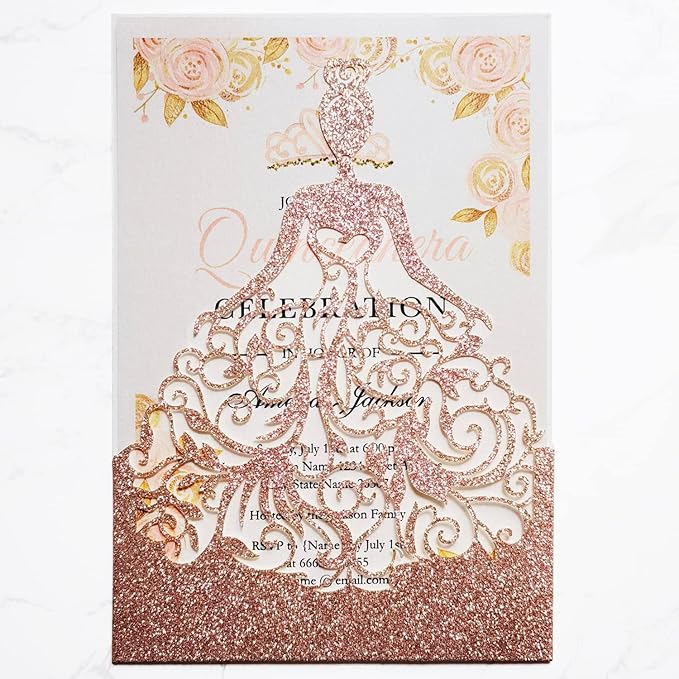 50PCS Wedding Invitations Cards with Envelopes 5 x7.3 Inch Laser Cut Hollow Girl Princess Pocket with Envelopes Crown Invitations Cards for Quinceanera Birthday Sweet 16, Party Invite (Rose Gold Glitter)