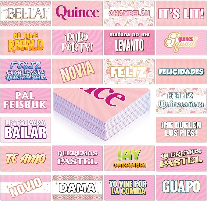 Beeveer 24 Designs Spanish Quinceanera Photo Booth Props Sweet 15th Birthday Parties Decorations Double Sided 11.02 x 5.51'' DIY Waterproof Selfie Signs PVC Printing Photo Props