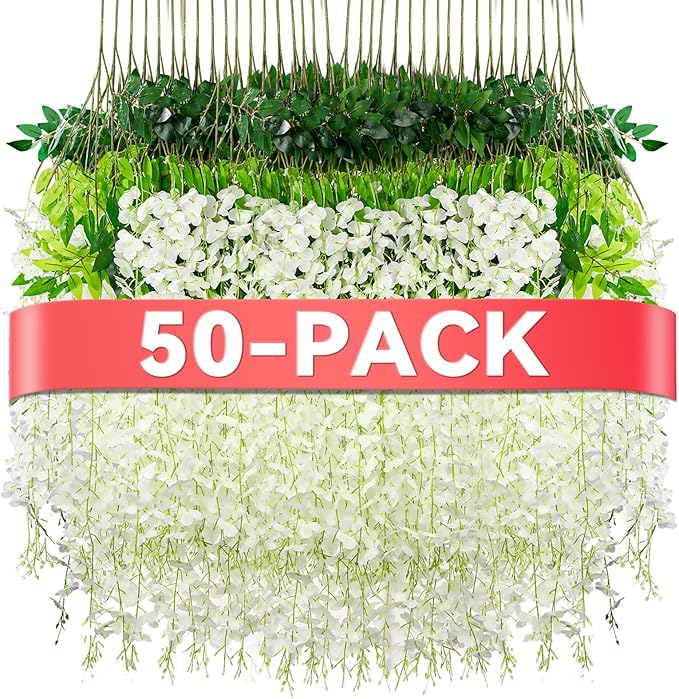 Alotiki Wisteria Hanging Flowers,Fake Hanging Flowers, Wisteria artificiales Garland for Home Wedding Arch Floral Party Garden Ceremony Outdoor Decor,3.6 feet Long(50,White)