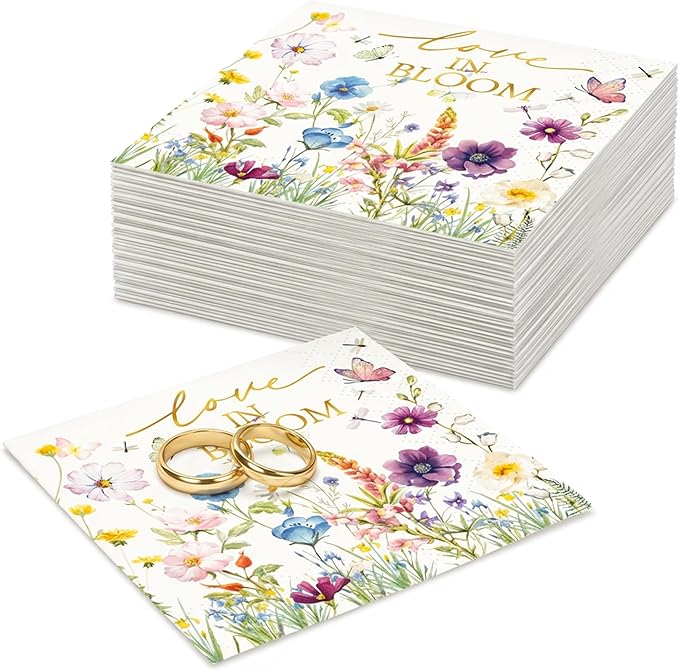100 Pcs Cocktail Napkins Bulk, Love in Bloom Floral Paper Napkins Disposable, Everyday Beverage & Dinner Napkins for Wedding, Bridal Shower, Party Decorations, Bathroom Guest Towels