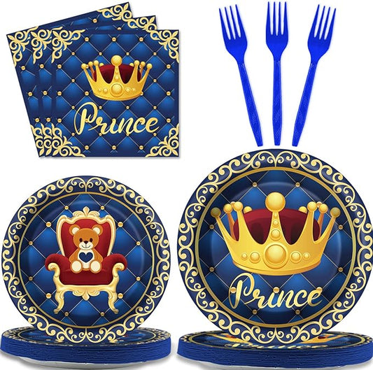 chiazllta 96 Pcs Royal Blue Prince Party Paper Plate and Napkins Supplies Little Blue Prince Theme Baby Shower Dinnerware Decor Blue and Gold Crown Paper Plate Napkin Fork for Party Favors 24 Guests
