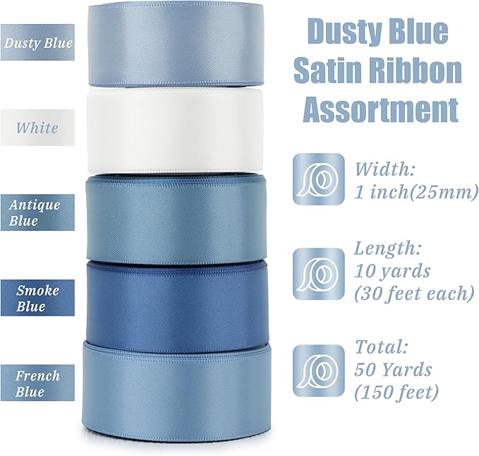 1 Inch Dusty Blue French Blue Double Face Satin Ribbon Set, 5 Rolls, 50 Yards, Polyester Assorted Blue Tones for Wedding Decor, Gift Wrapping, Hair Bows, Flower Bouquets and Crafts