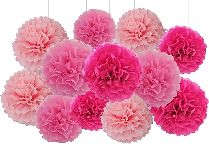 XIKSXITN 12 pc Pink Tissue Paper Pom poms in 3 Colors-Hanging Paper Pom Poms Paper Flowers Ball for Party Decor