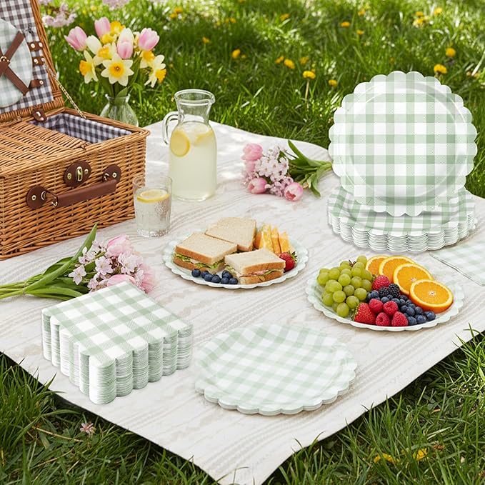 Oigco 50 Pcs Sage Green Gingham Party Supplies, Sage Green Disposable Scalloped Plates and Napkins for Wedding Bridal Shower Birthday Baby Shower, Serves 25