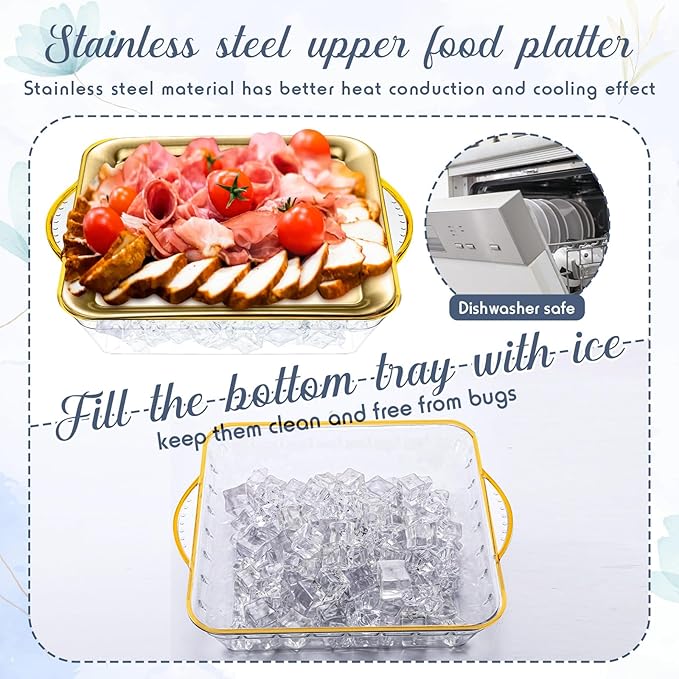 Baderke 2 Set 9" Chilled Serving Tray for Parties with Compartments Ice Chilled Party Platter Charcuterie Serving Board Cold Dish Dip with Forks Tongs for Fruit Seafood Vegetable Appetizer(Gold)