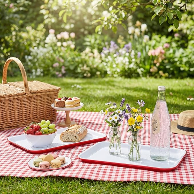 Non-Slip Melamine Serving Trays Set of 2, Rectangular Food Trays with Raised Edges, Stain Resistant White & Red Platters for Restaurant, Party, Home Kitchen, 14.5" x 11" Heavy Duty Trays
