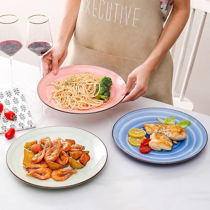 KitchenTour Large Ceramic Dinner Plates, 10 Inch Porcelain Serving Plate for Salad, Dessert Pizza Steak Pasta Plates Set, Dishwasher and Microwave Safe - Set of 6, Assorted Warm Colors